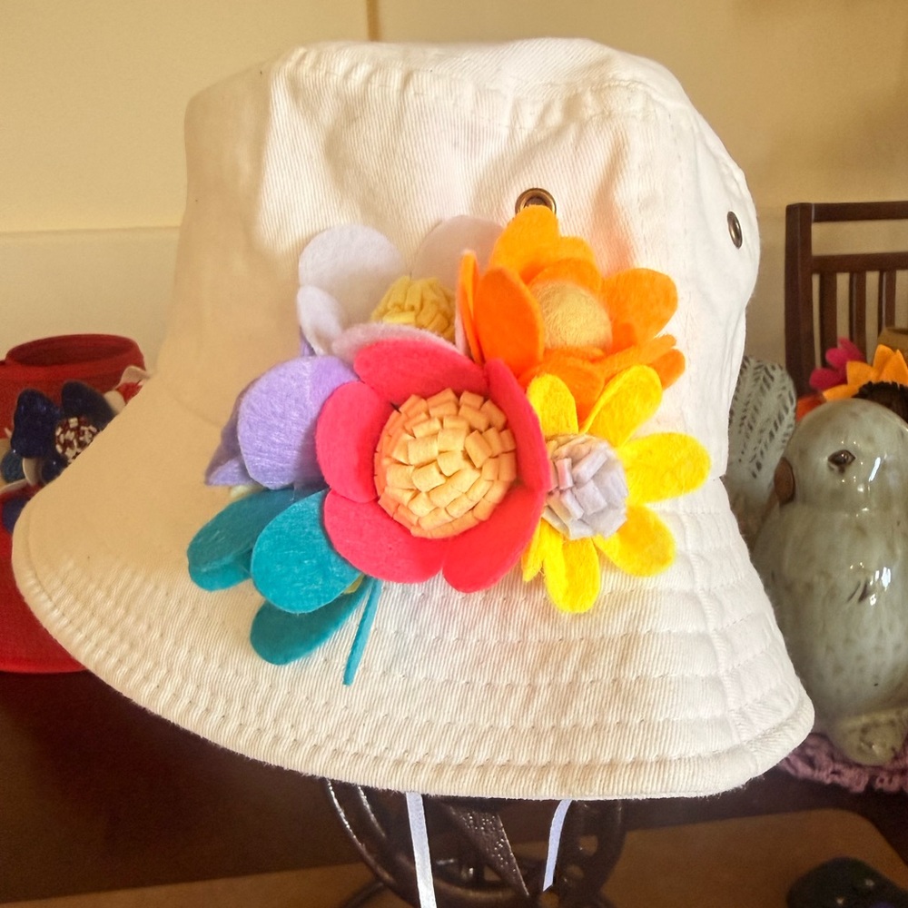 White Bucket Hat with Hand Crafted Flower arrangement Colorful Flower Cluster